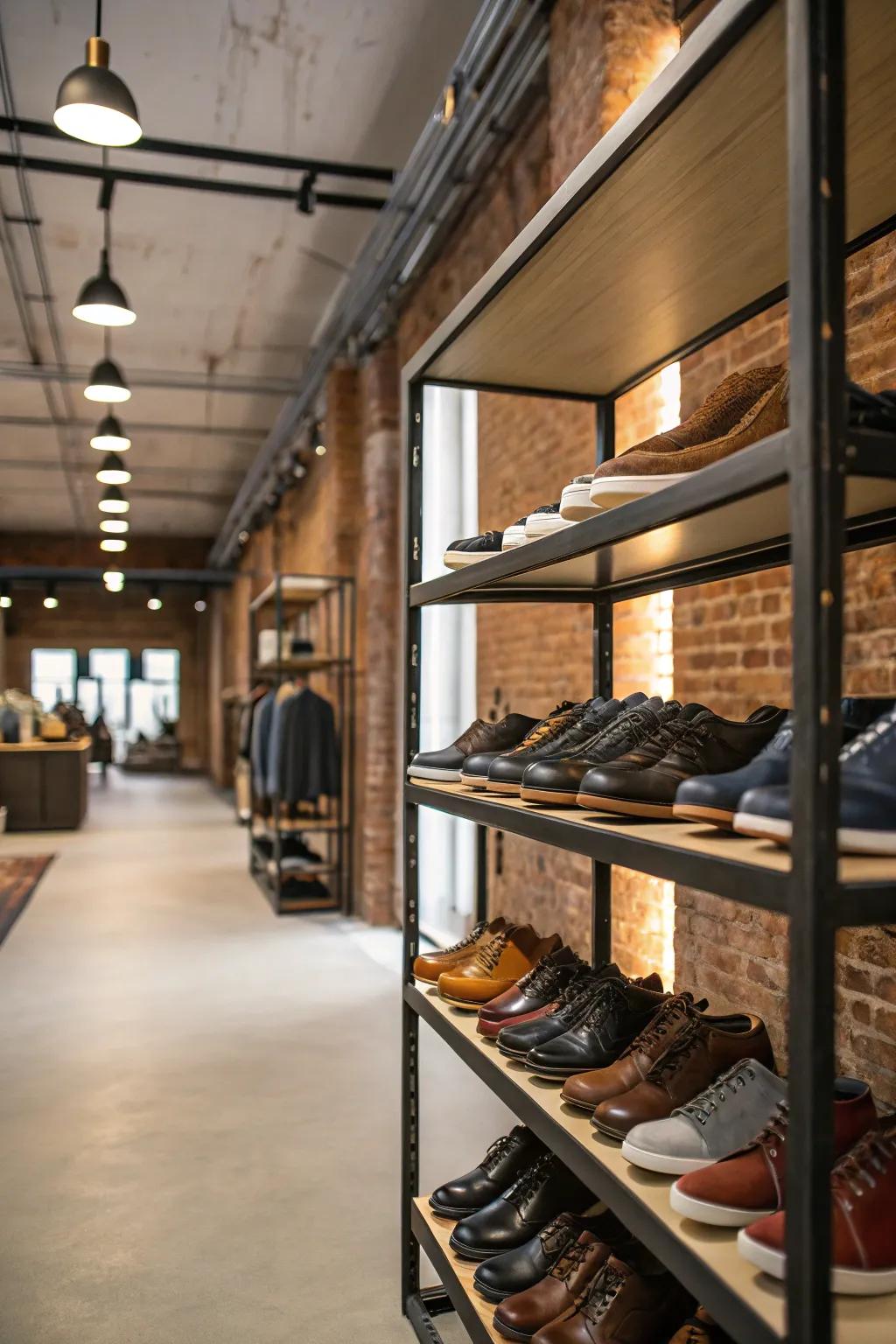 Industrial shelving combines style and practicality for shoe storage.