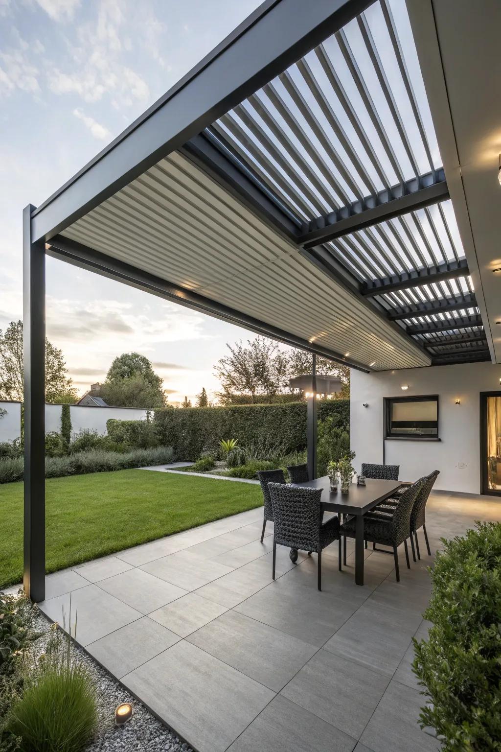 A modern louvered metal roof offers customizable shade and ventilation for this patio.