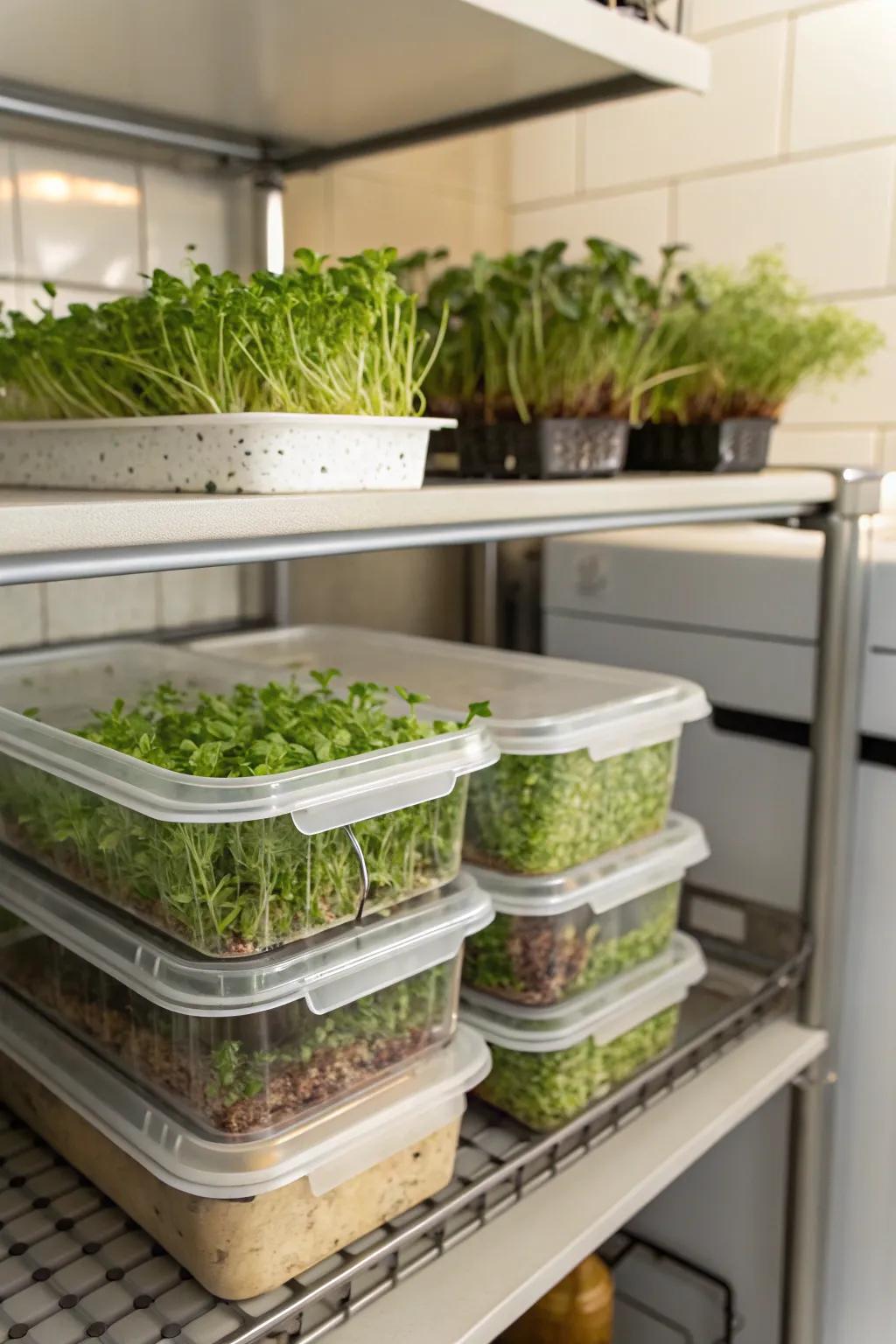 Sustainable and practical: Plastic food containers as microgreen planters.