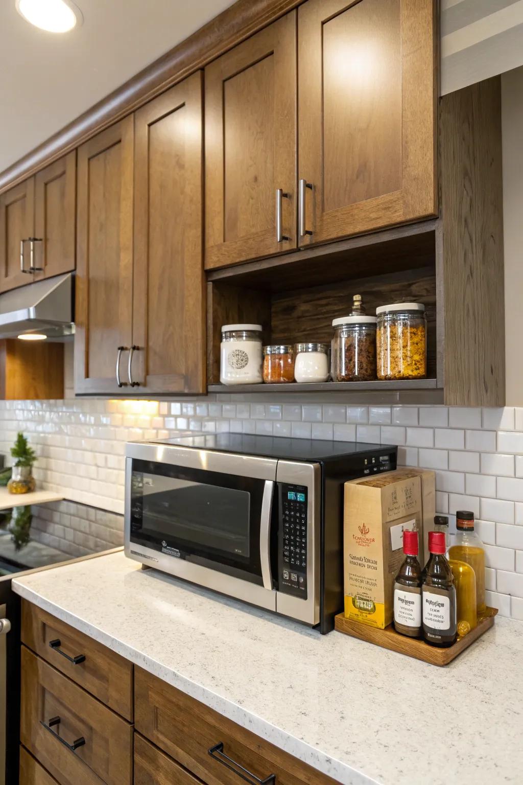 A convenient under-cabinet microwave placement.