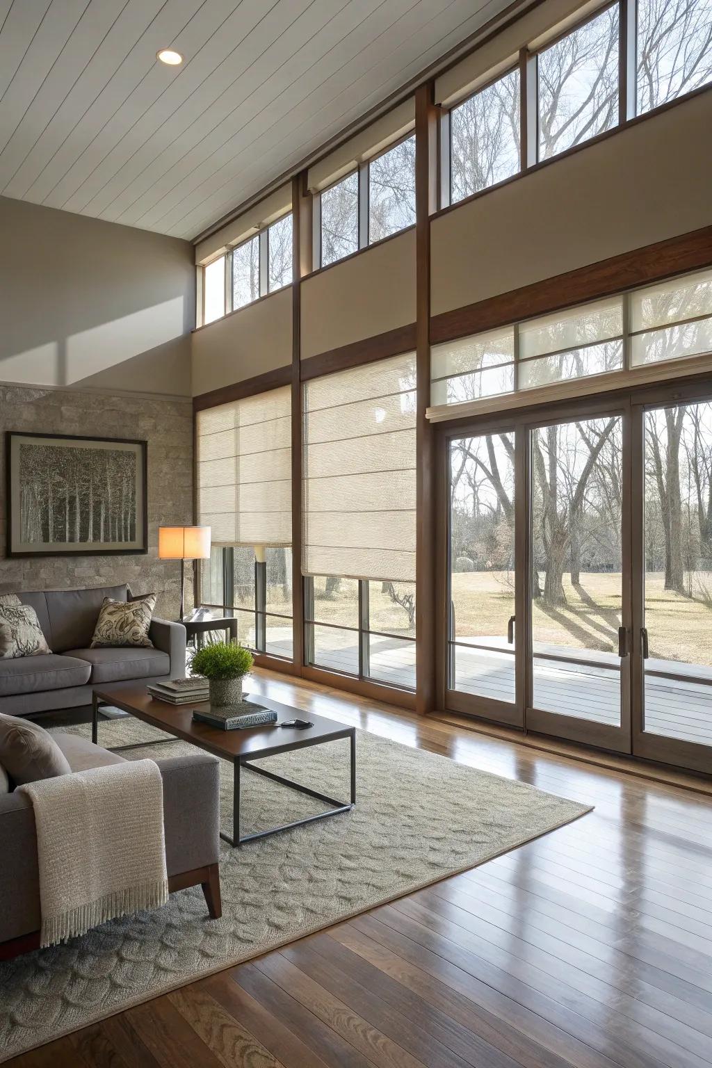 Panel track shades offer a streamlined solution for large windows.