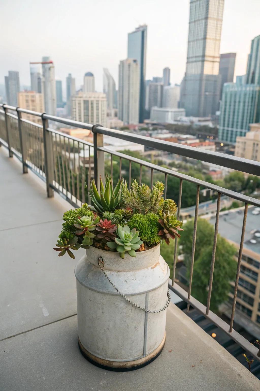 Transform a milk can into an urban oasis with succulents.