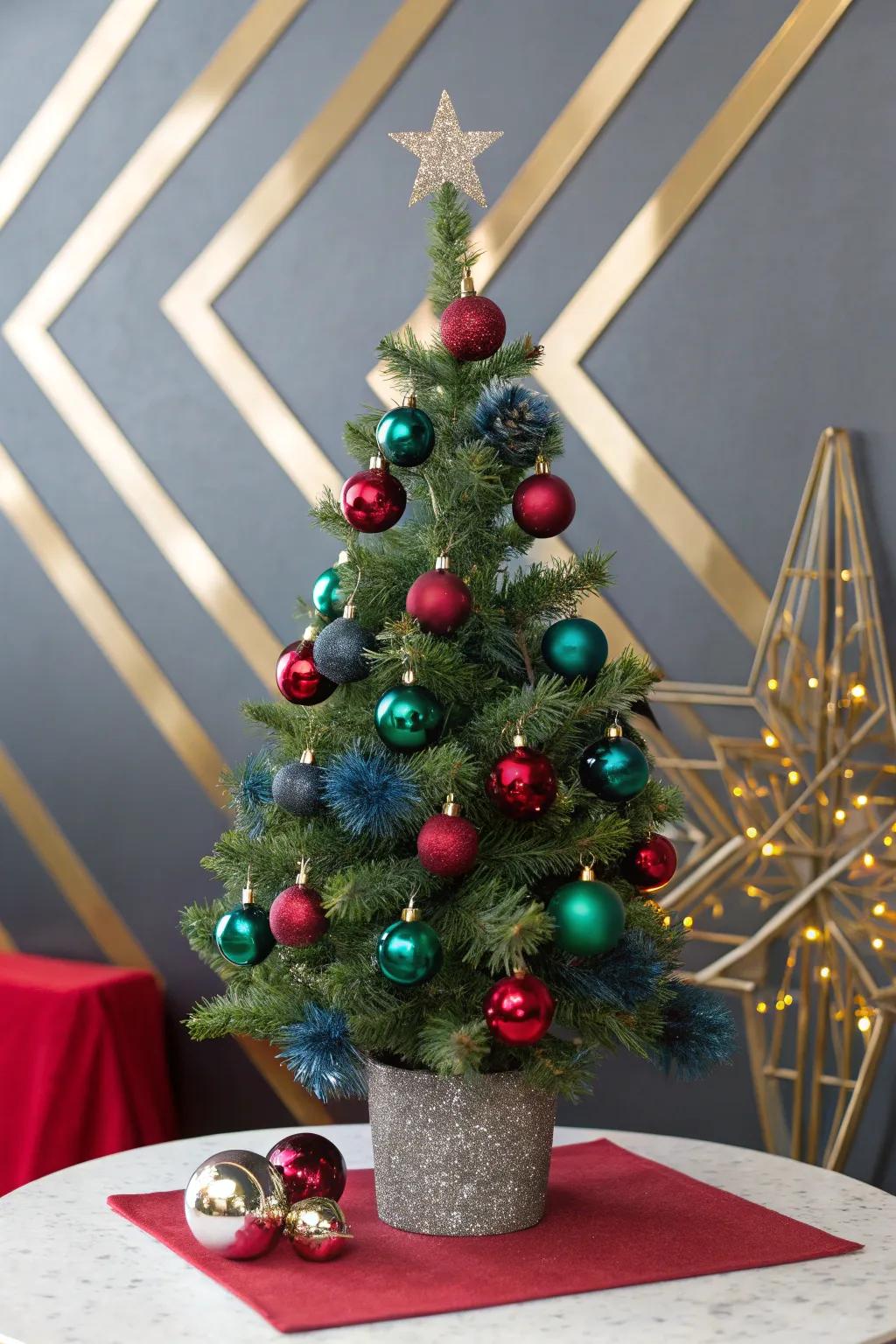 A bright and bold mini Christmas tree with jewel-toned ornaments.