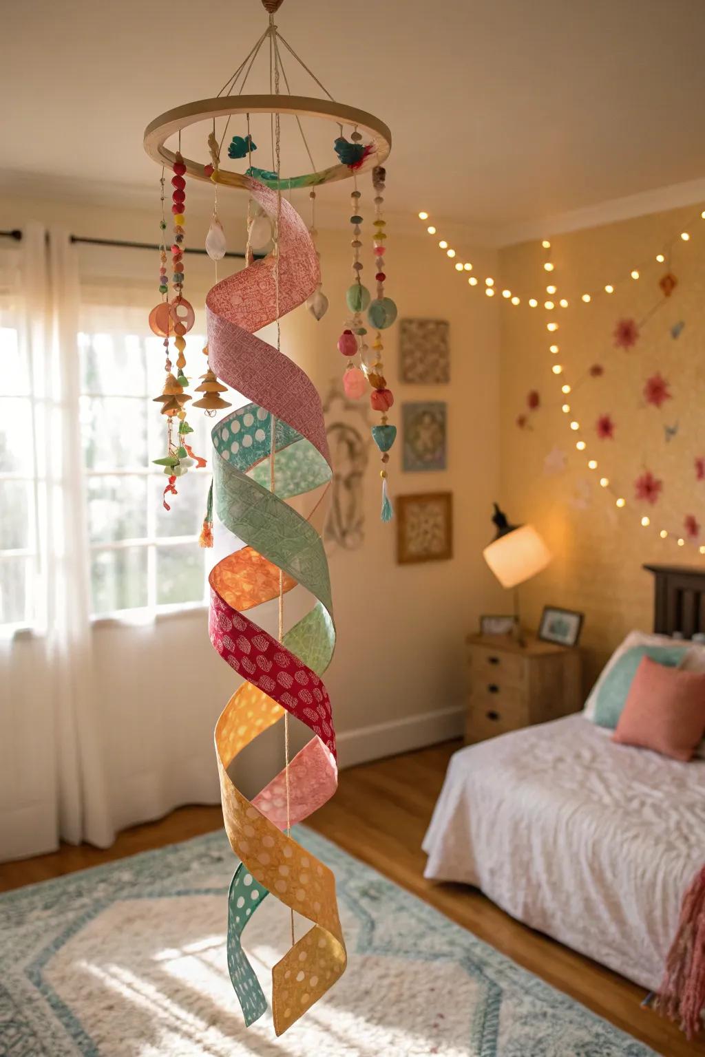 A vibrant fabric scrap mobile bringing color and texture to a room.