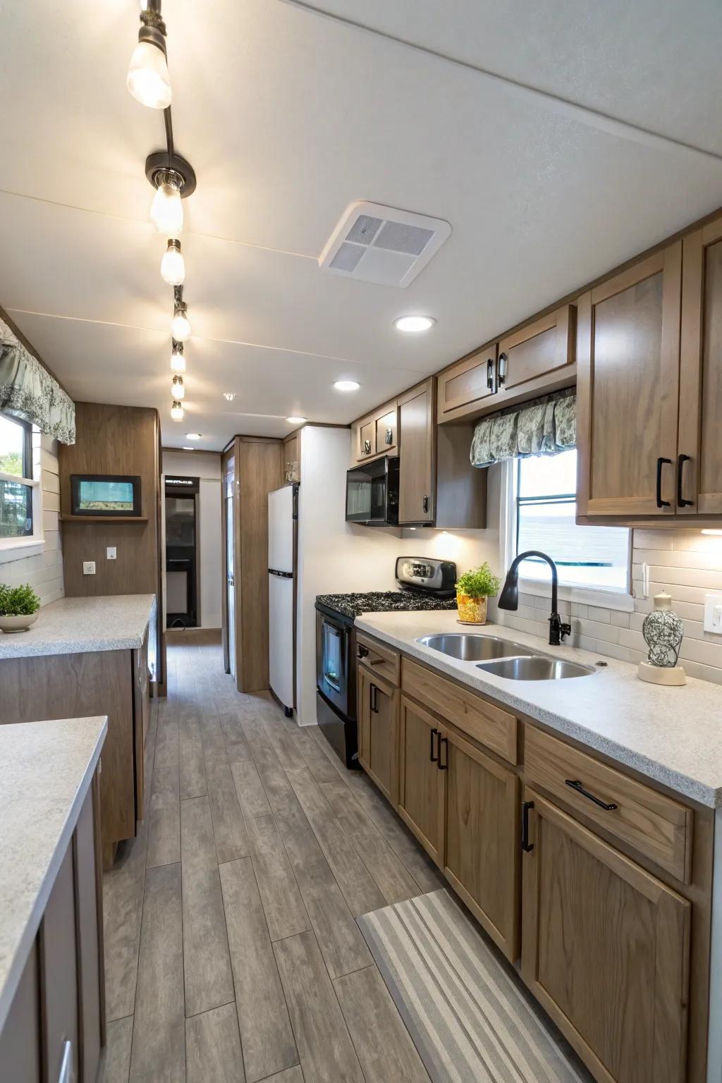 A mobile home kitchen with versatile and efficient lighting.