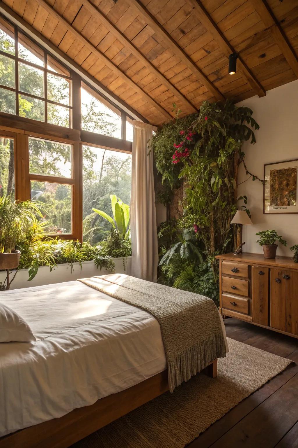 Natural elements like plants bring harmony to the bed and window setup.