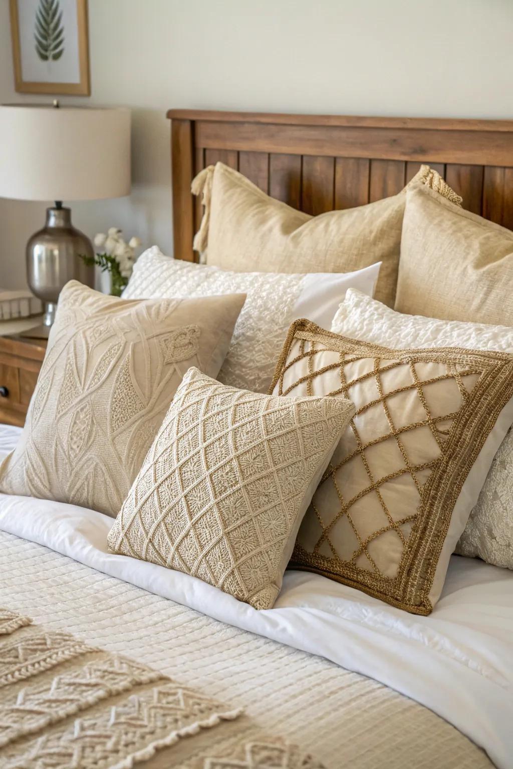 Decorative pillows in beige enhance both comfort and style.