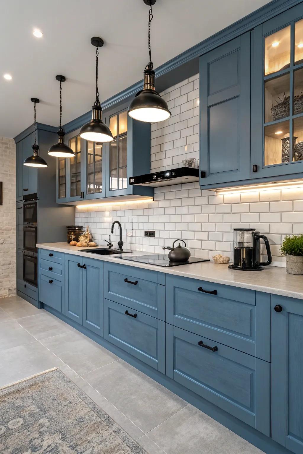 Blue and black accents bring a modern edge to this kitchen design.