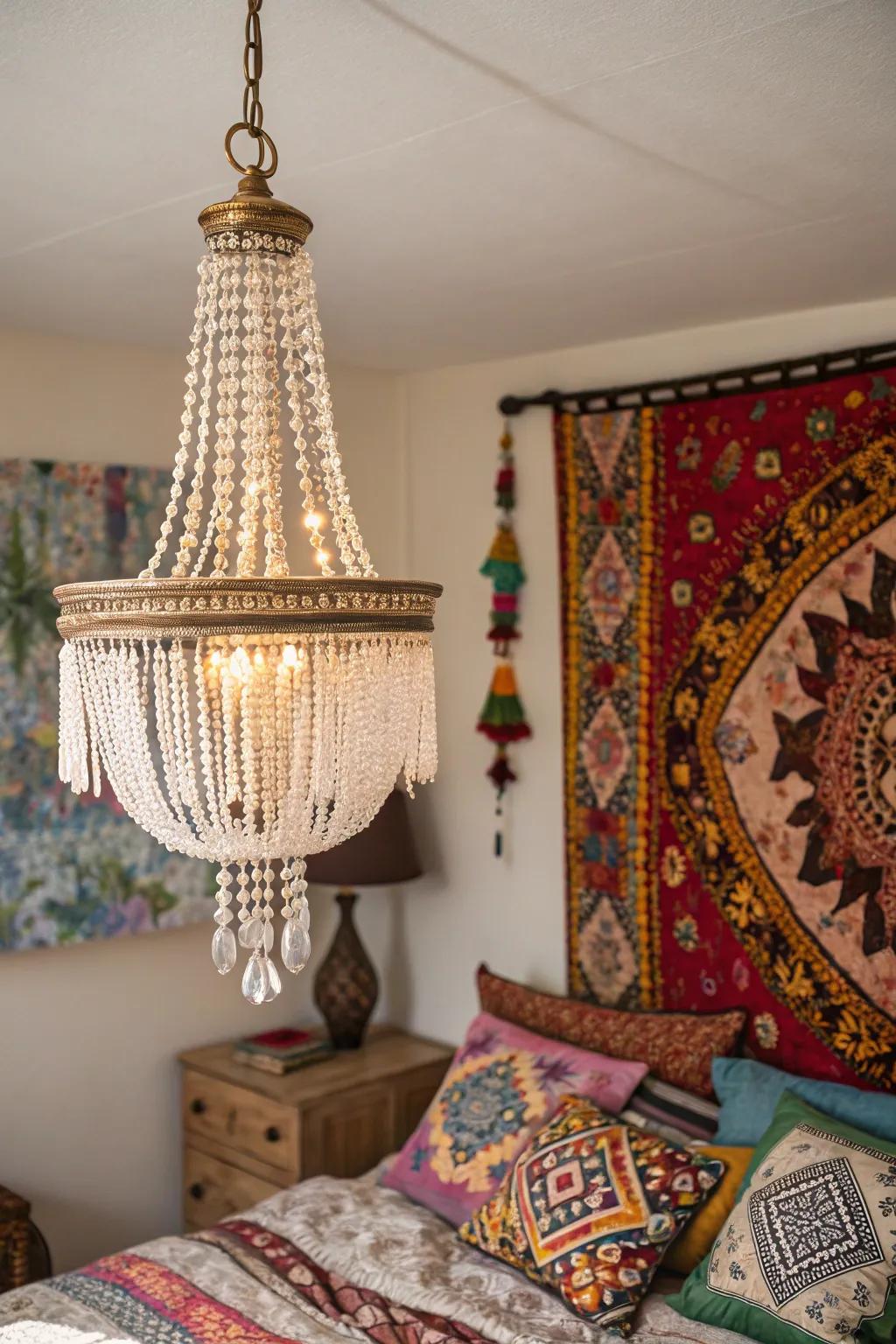 A bohemian chandelier adds whimsy to an eclectic bedroom.