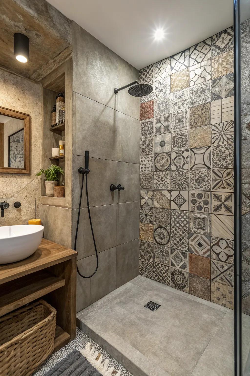 A shower featuring textured concrete tiles for a dynamic look.