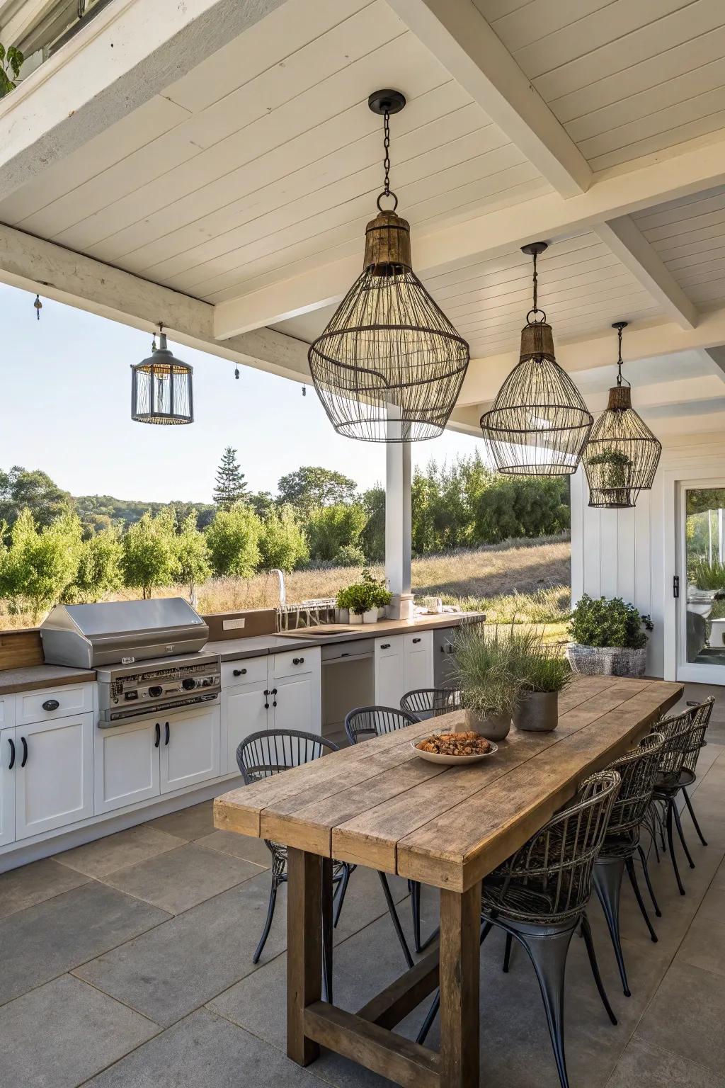 Industrial cage fixtures add a rugged edge to this outdoor farmhouse kitchen.