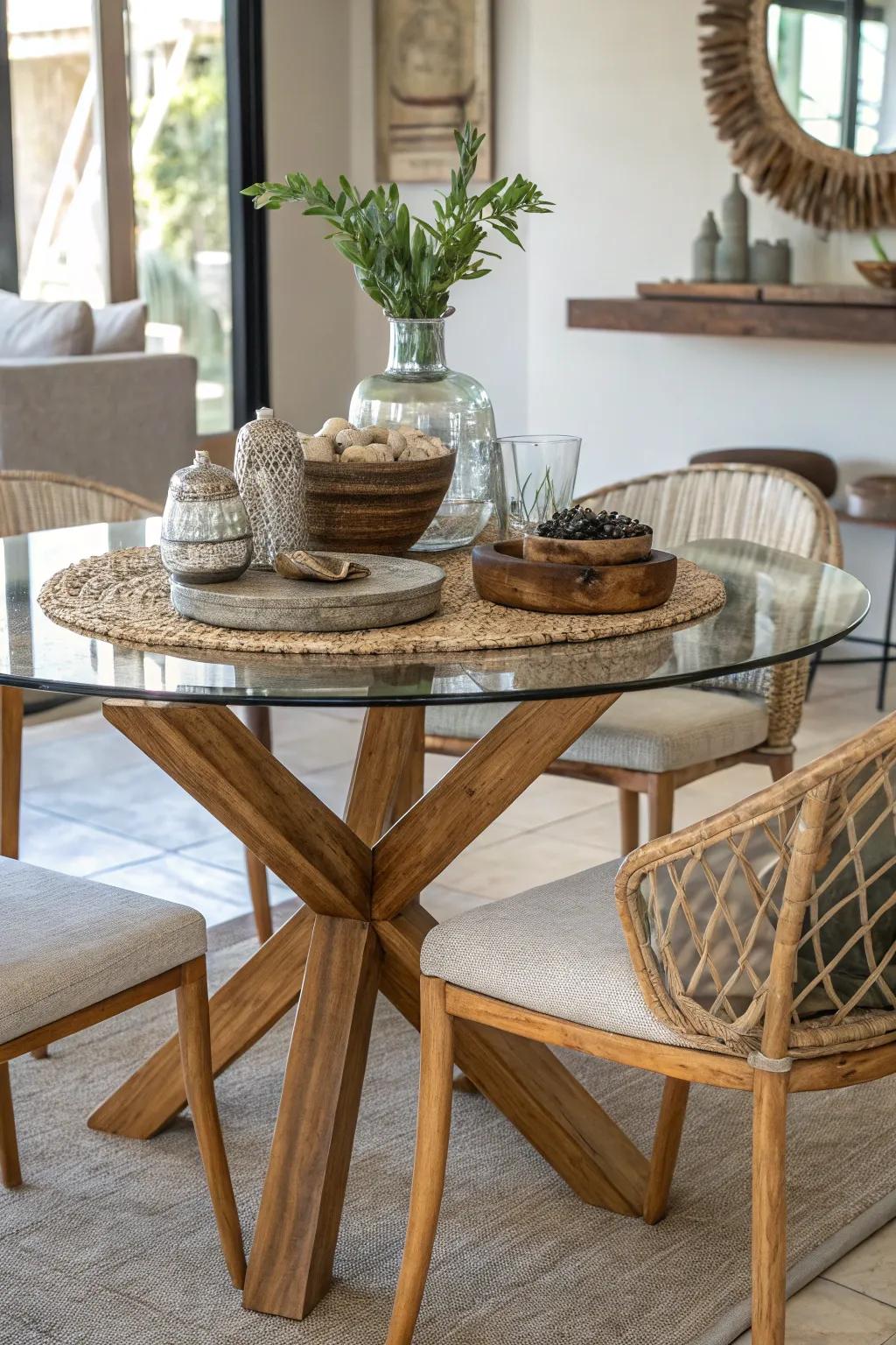 Mixed materials like wood and metal add depth to a glass dining table setup.