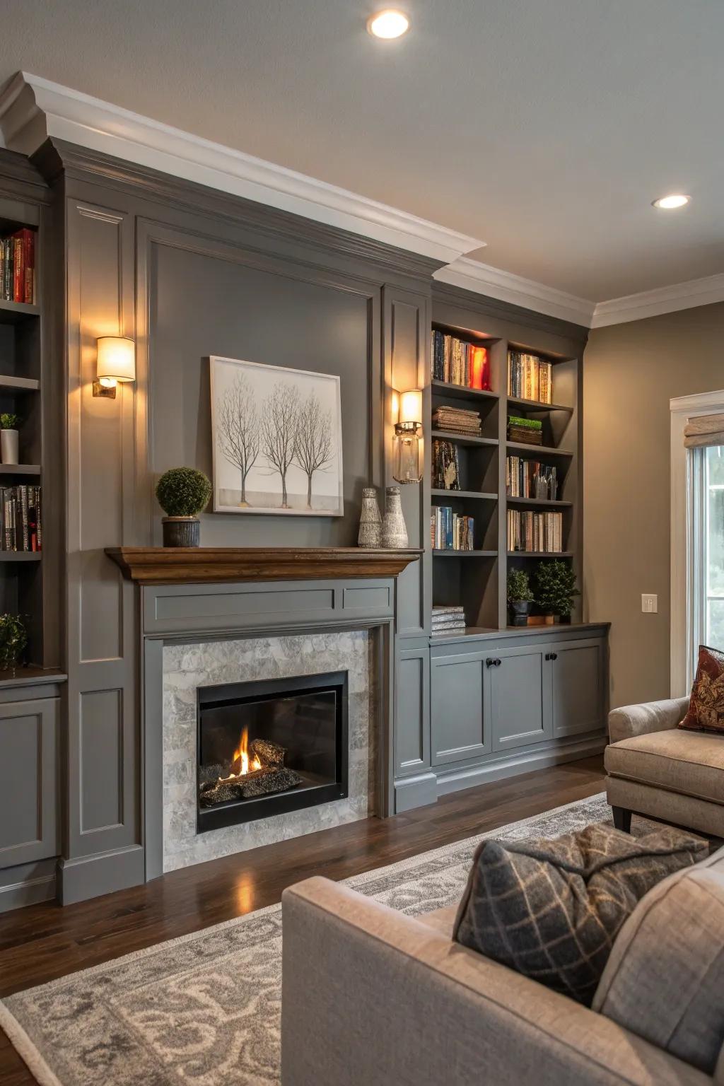 Gray paint highlights architectural features in this living room.