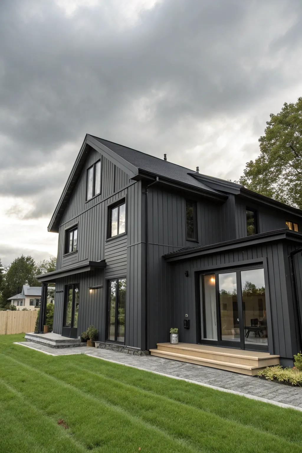 A dark grey house with black accents, showcasing a contemporary and sophisticated design.