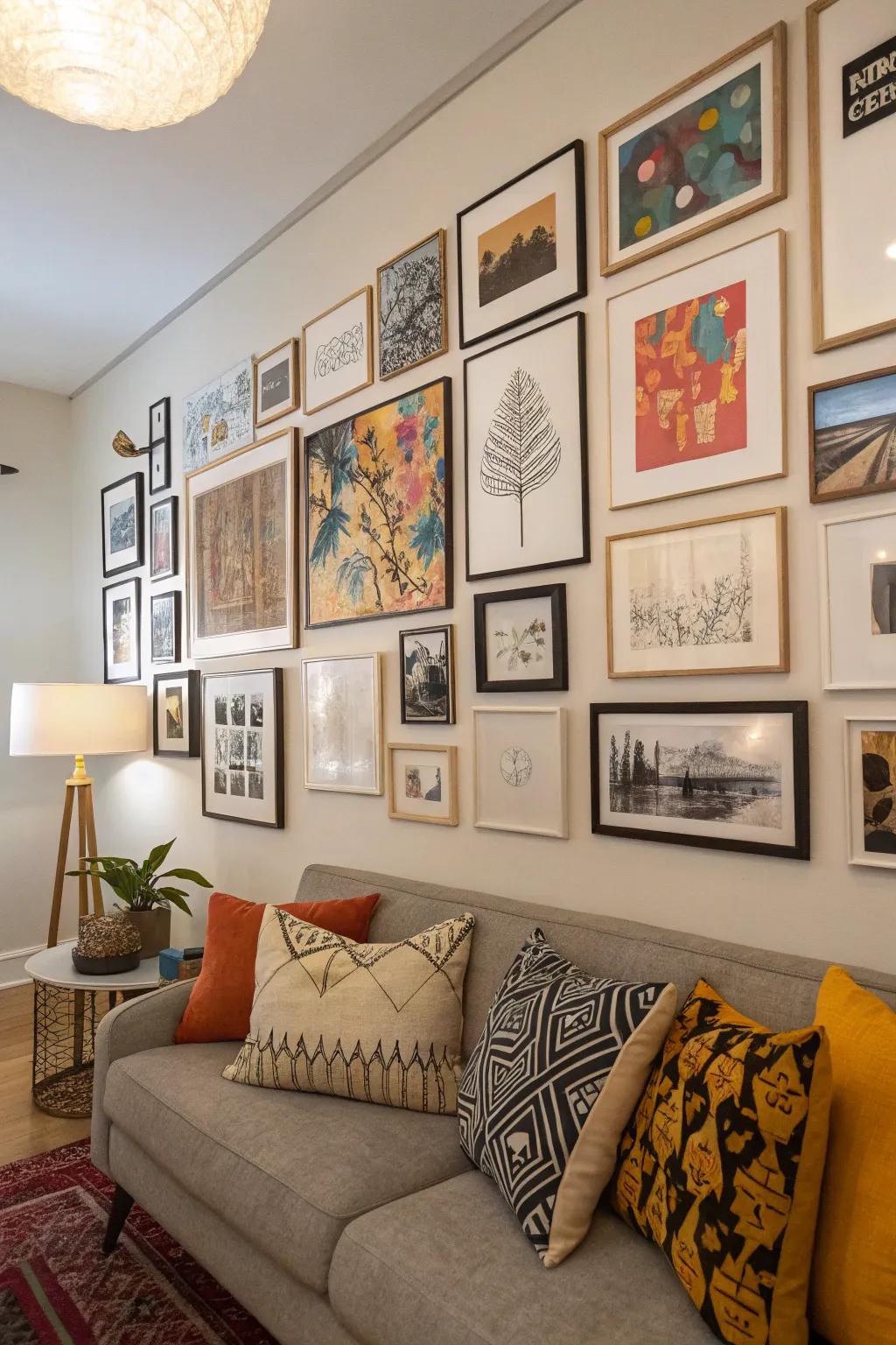 A gallery wall with mix-and-match art pieces showcases personality in the living room.