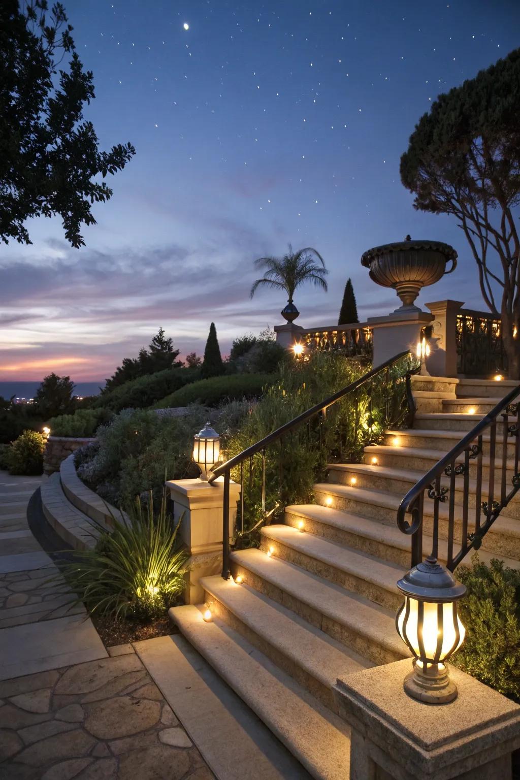 Banister lights adding an elegant and seamless lighting solution to outdoor steps.