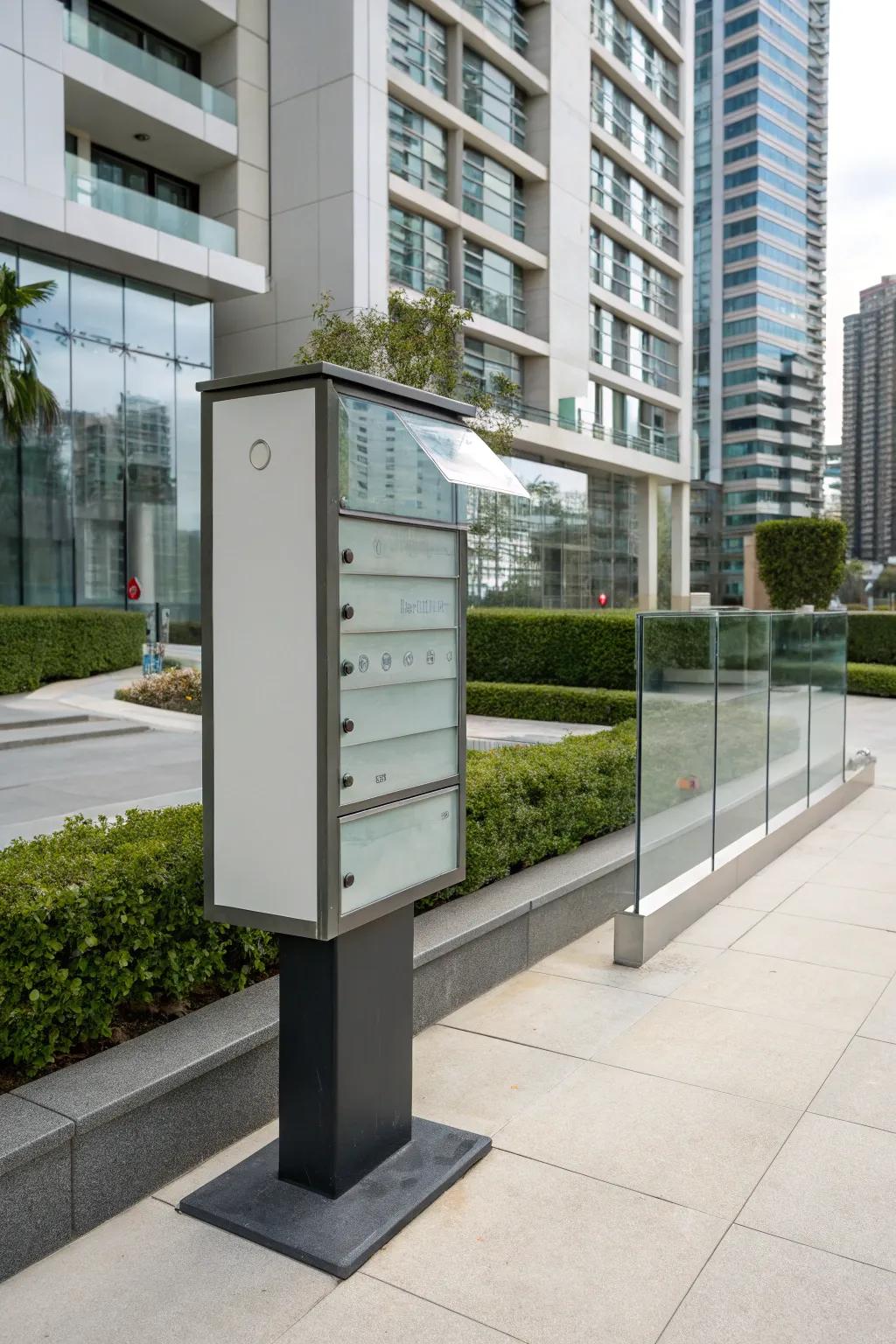 Glass panels add a futuristic touch to mailboxes.