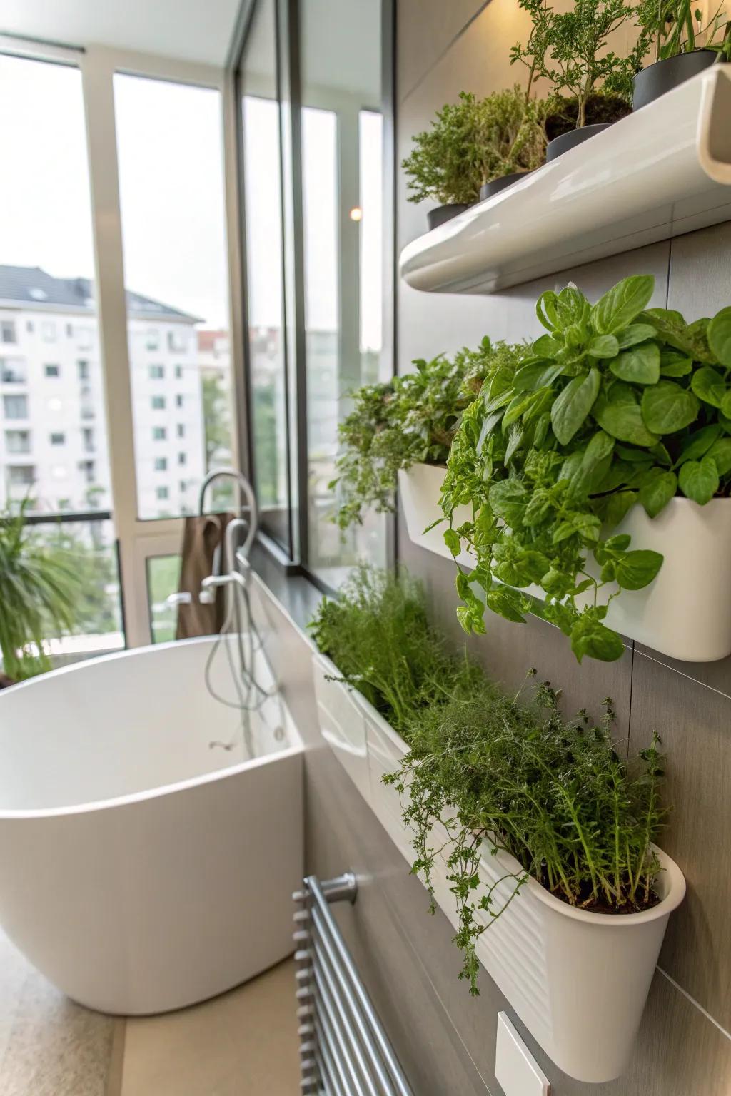 Wall-mounted planters save space and add greenery.