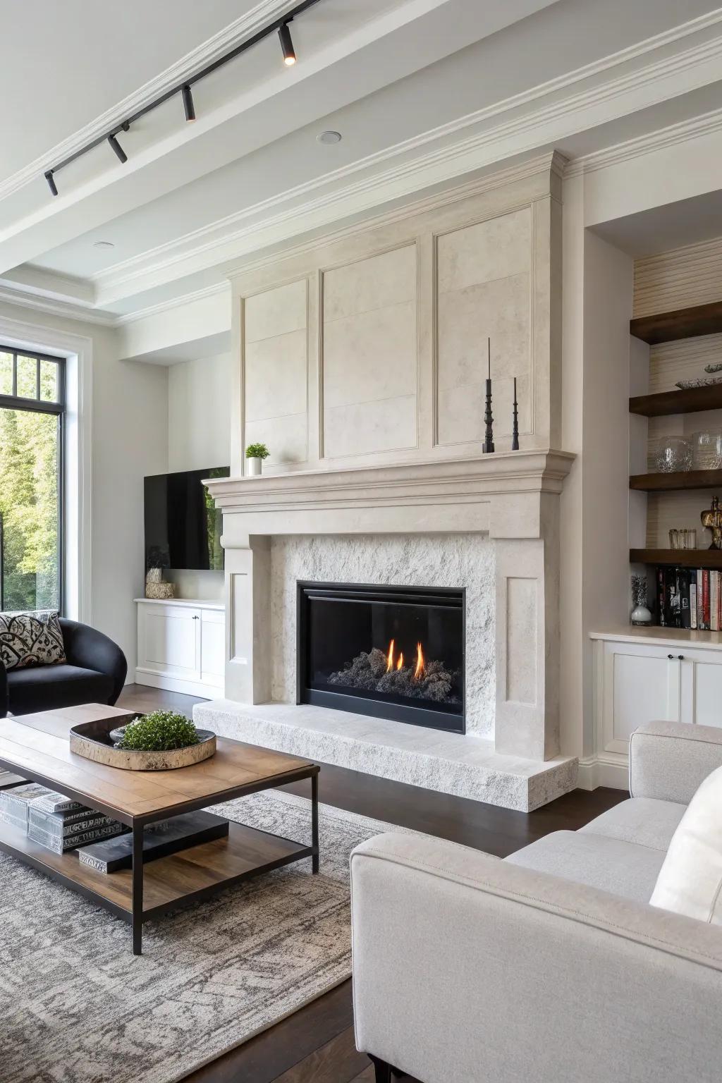 A floating mantel adds a modern flair to a plaster fireplace.