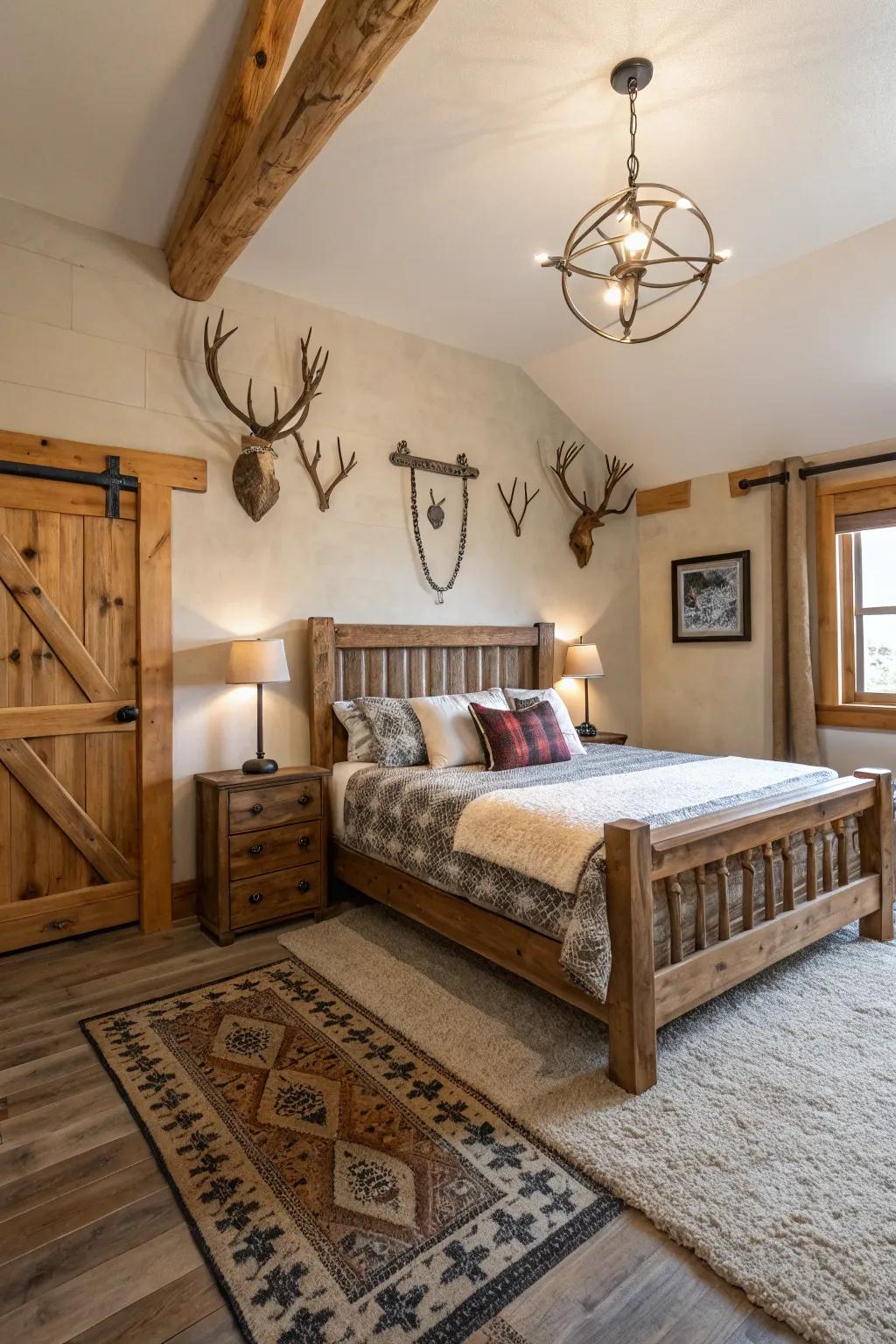 Antler decor adds a wild, natural touch to rustic bedroom design.