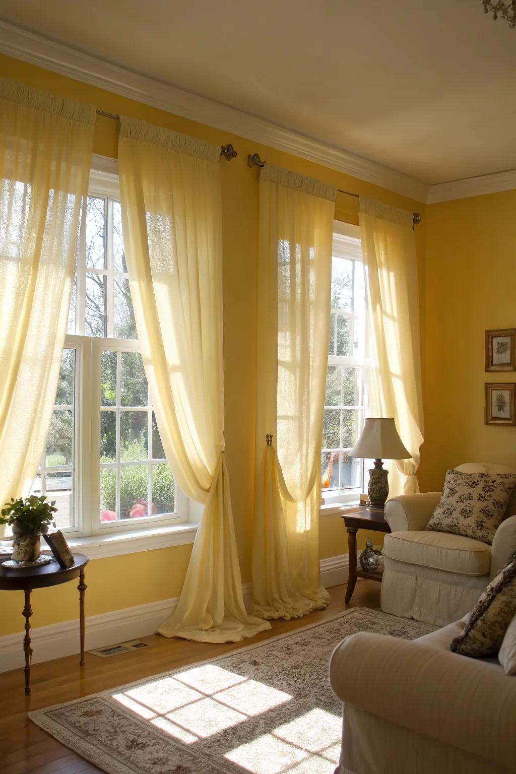 Matching yellow walls and curtains create a harmonious and sunlit living room.