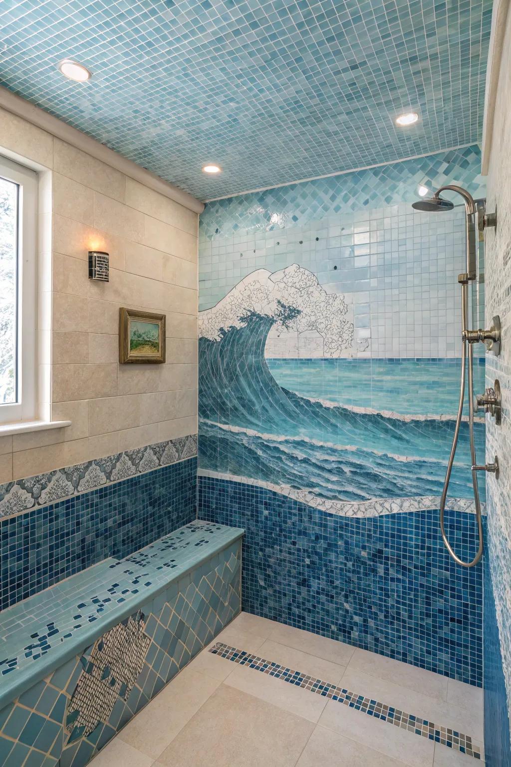 Blue mosaics create a serene, ocean-inspired shower ambiance.