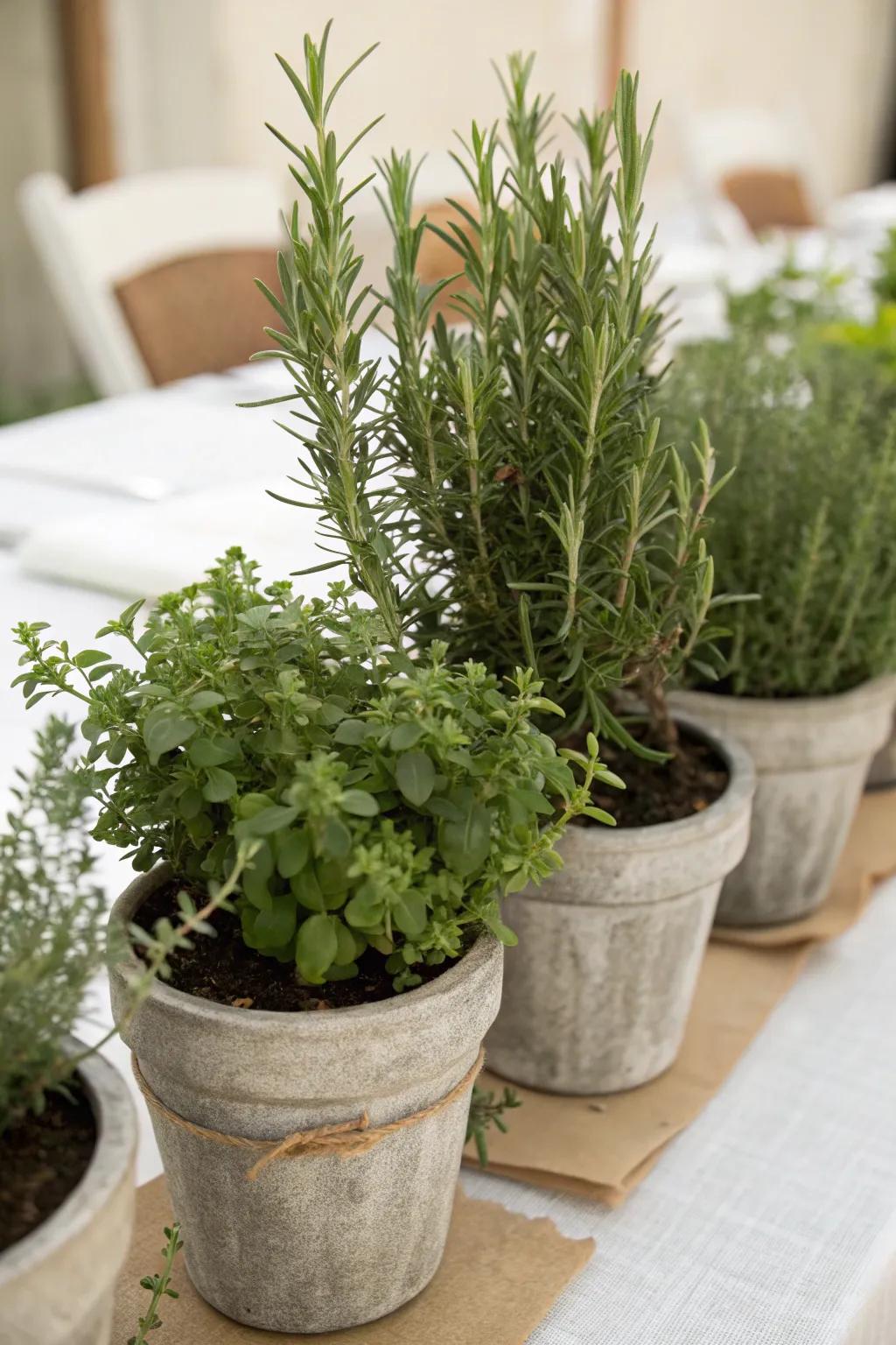 A delightful herbaceous centerpiece brings freshness and aroma to the table.