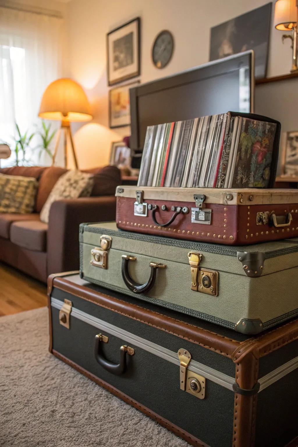 Vintage suitcases stacked stylishly in a living room, perfect for storing DVDs.