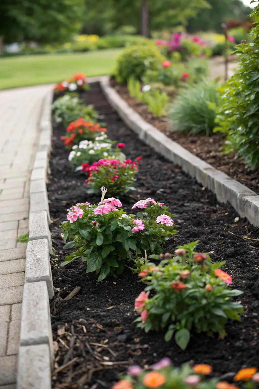 Mulching promotes healthier, low-maintenance narrow flower beds.