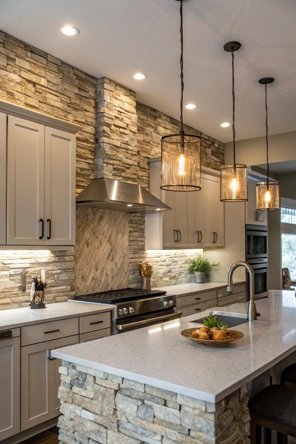 Kitchen with a textured stacked stone backsplash.