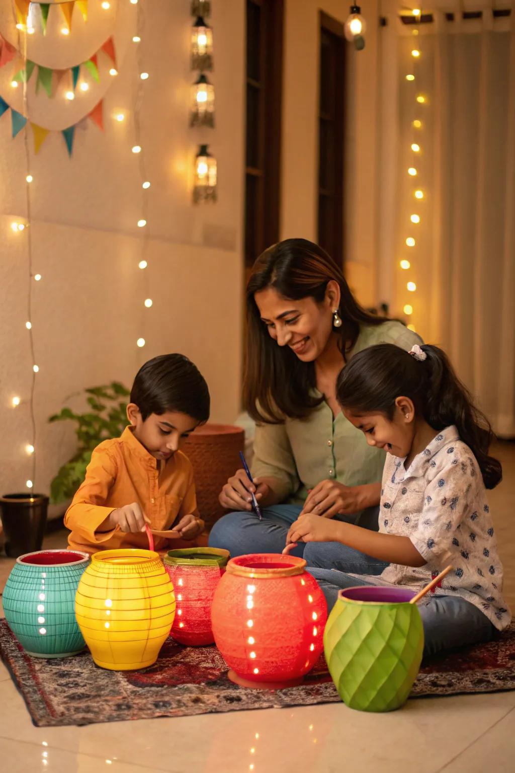 A family enjoying crafting handmade paper lanterns and painted pots for Navratri.