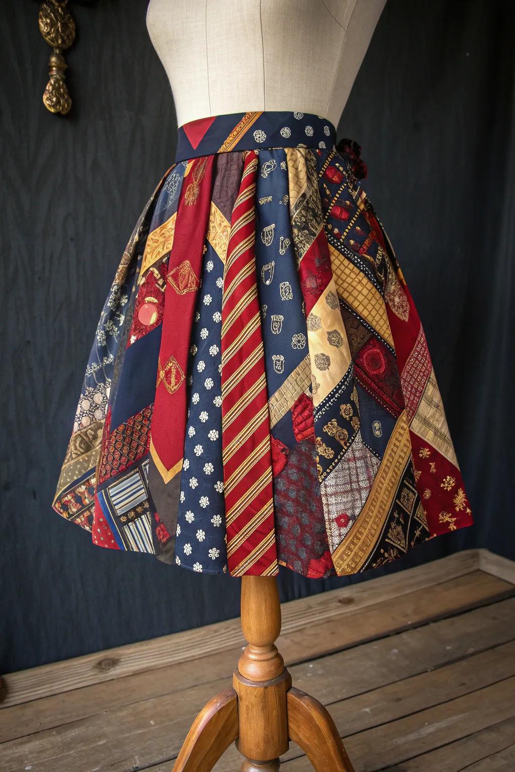 Unleash your bold fashion sense with a skirt crafted from vintage neckties—where style meets craftsmanship.