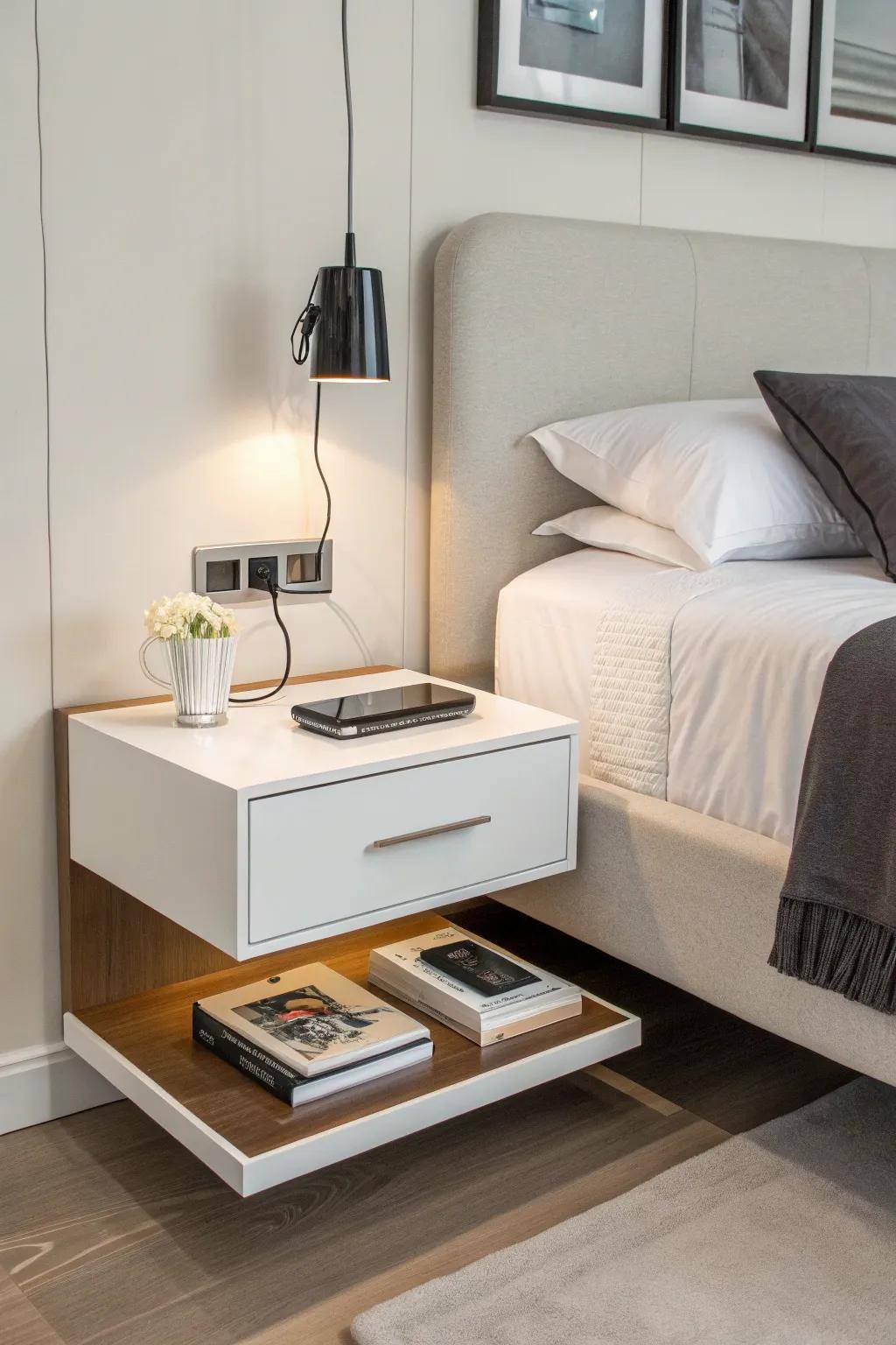 A floating nightstand in a modern bedroom, offering a sleek and space-saving design.