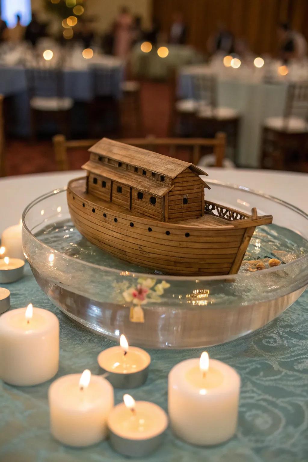 Water elements create a serene effect with this centerpiece.