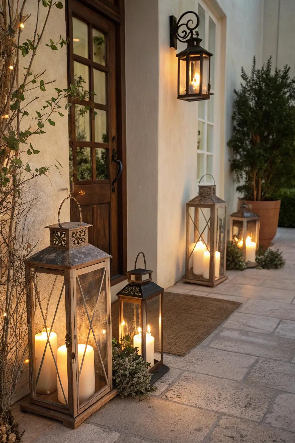 Illuminate your entryway with rustic lanterns that offer a welcoming glow to all who visit.