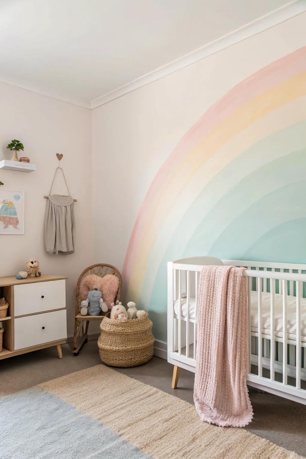 A calming nursery with a soft pastel ombre accent wall creating a soothing ambiance.