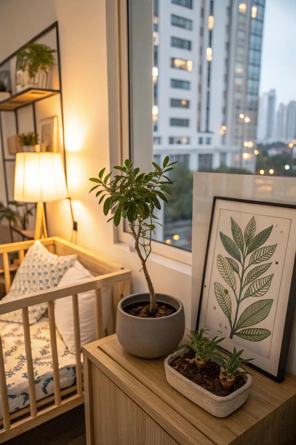 A touch of nature adds calm and freshness to this nursery corner.