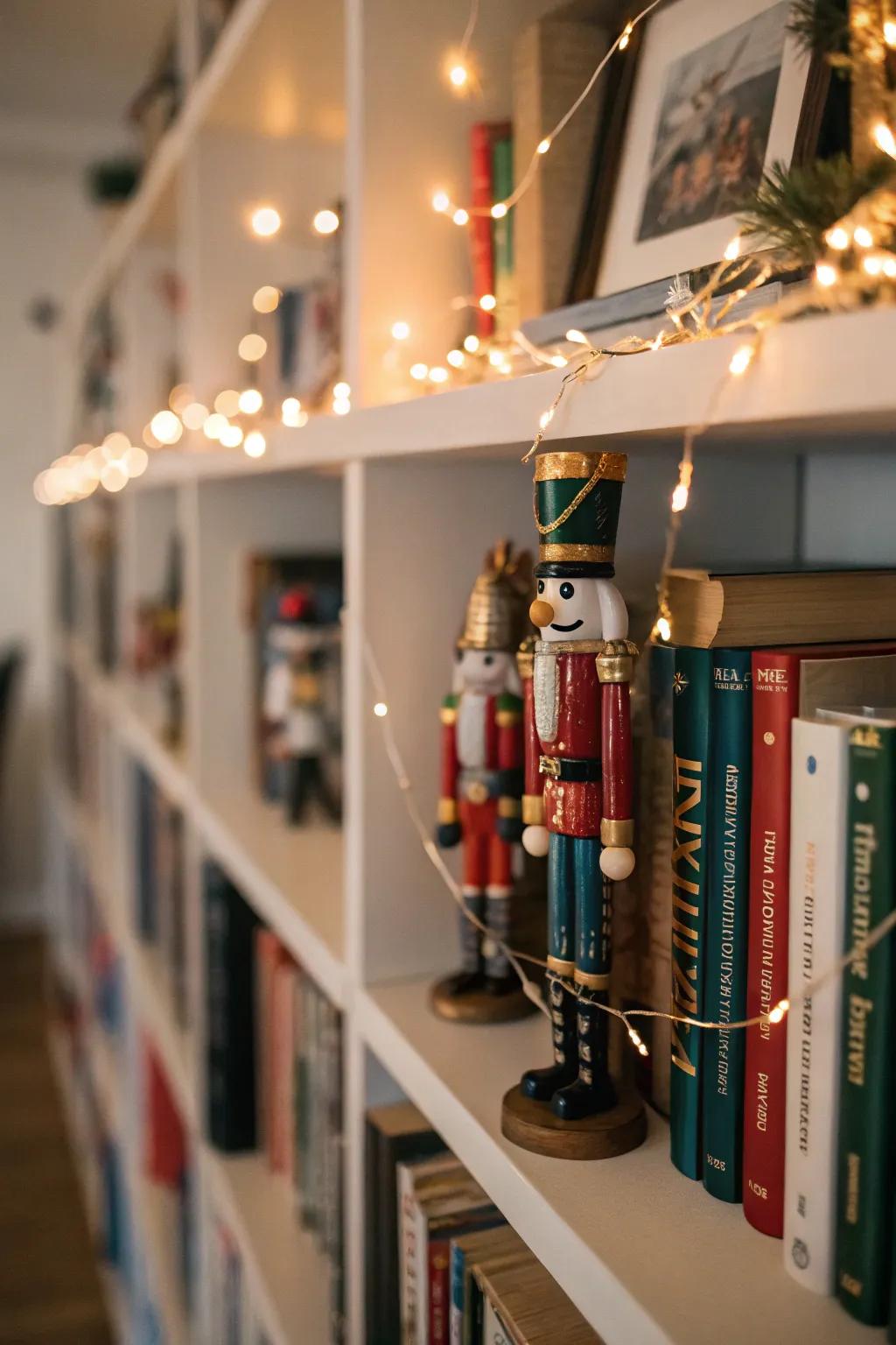 A festive bookshelf display keeps holiday spirit alive.