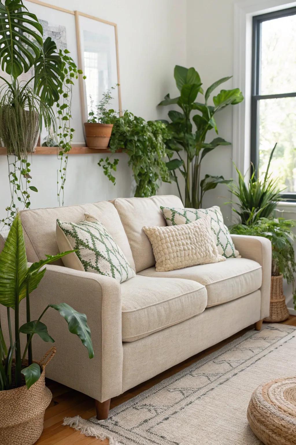 Indoor plants enhance the natural appeal of an oatmeal sofa.