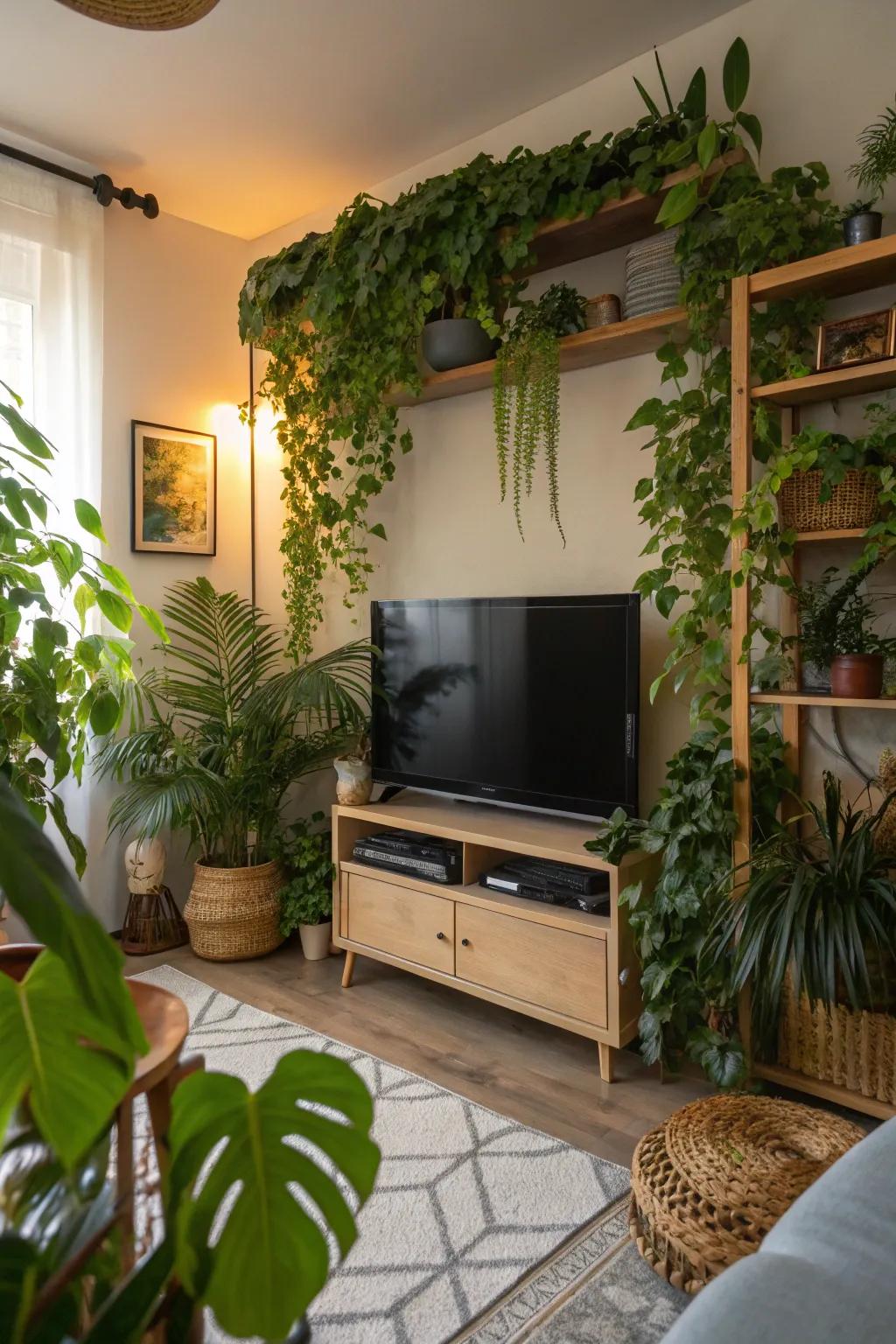 Greenery adds life and softness to your TV area.