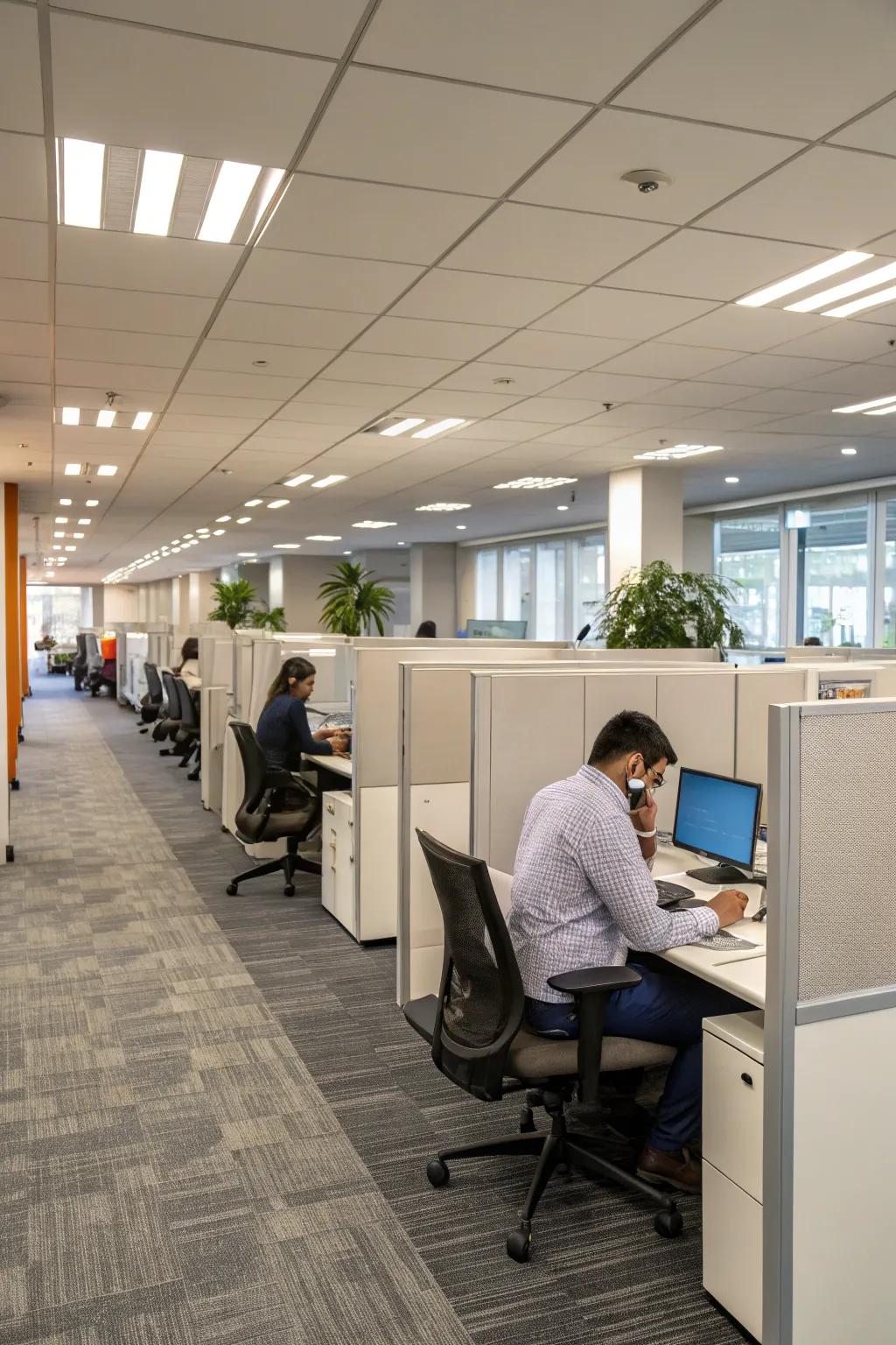 Cubicles arranged along a wall for space efficiency and focus.