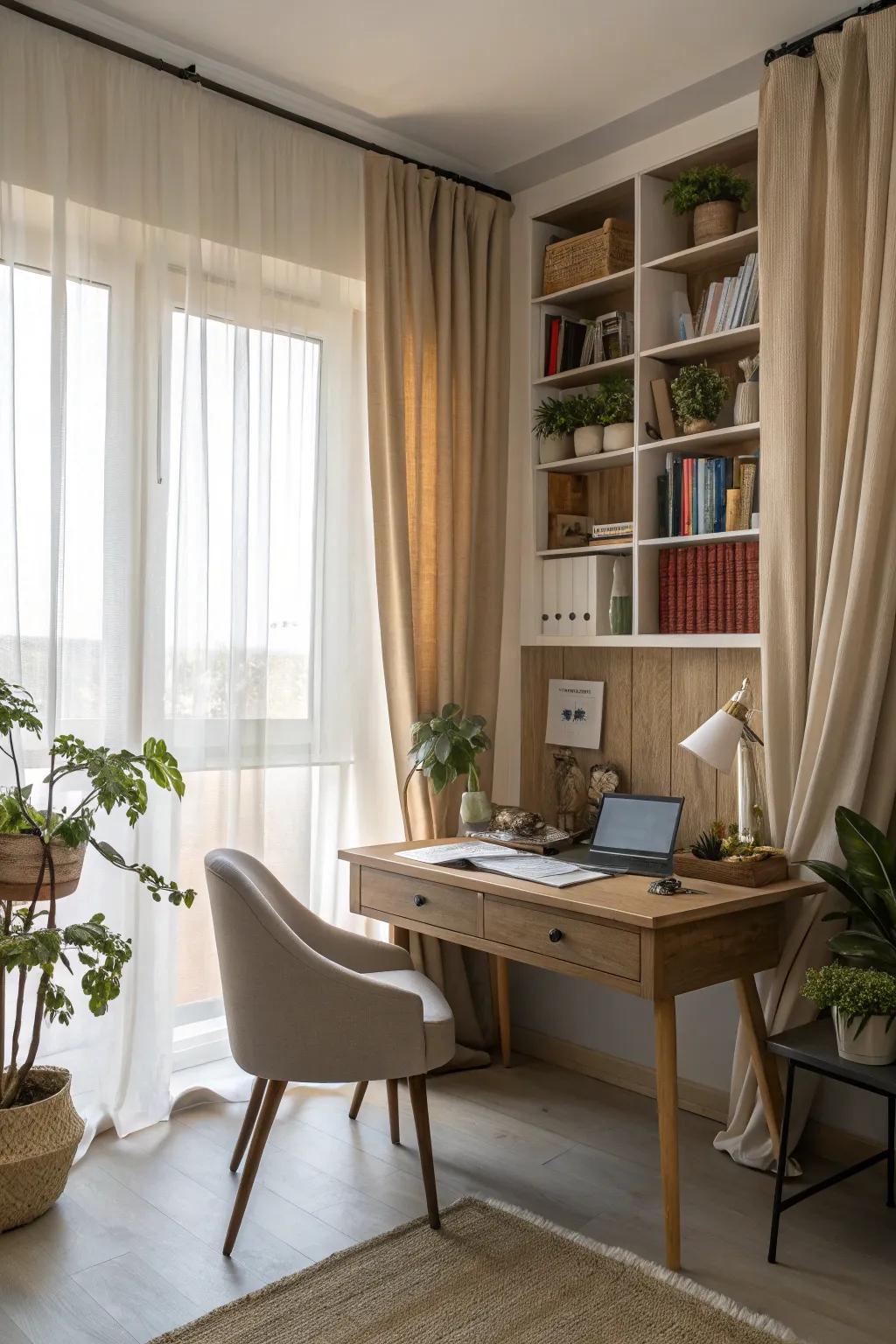 Curtains in natural tones create a serene and calming office environment.