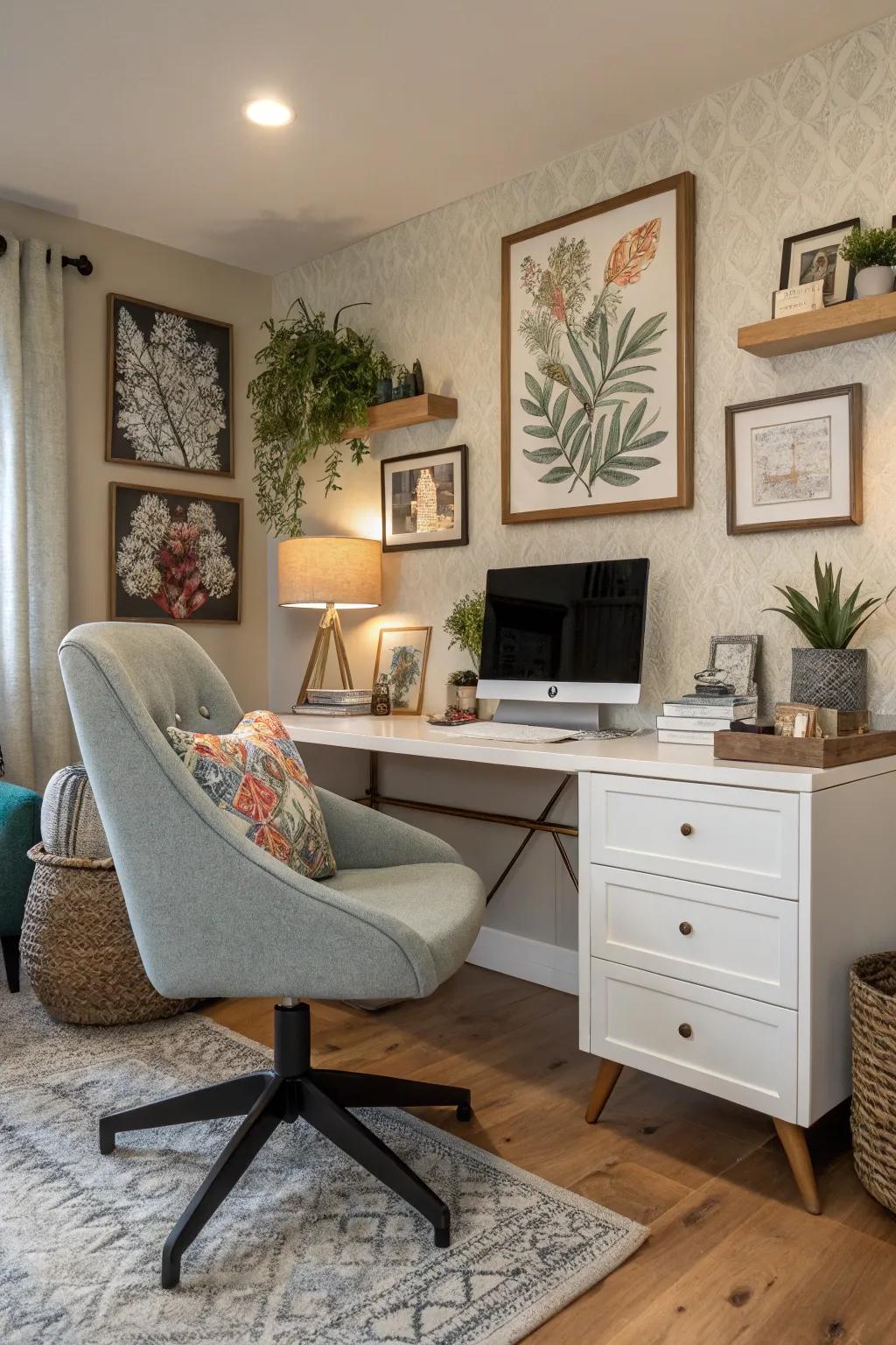 A statement chair enhances both comfort and style in a home office.