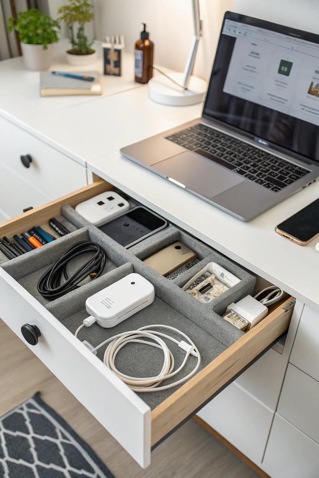 A hidden charging station keeps devices powered without the mess.