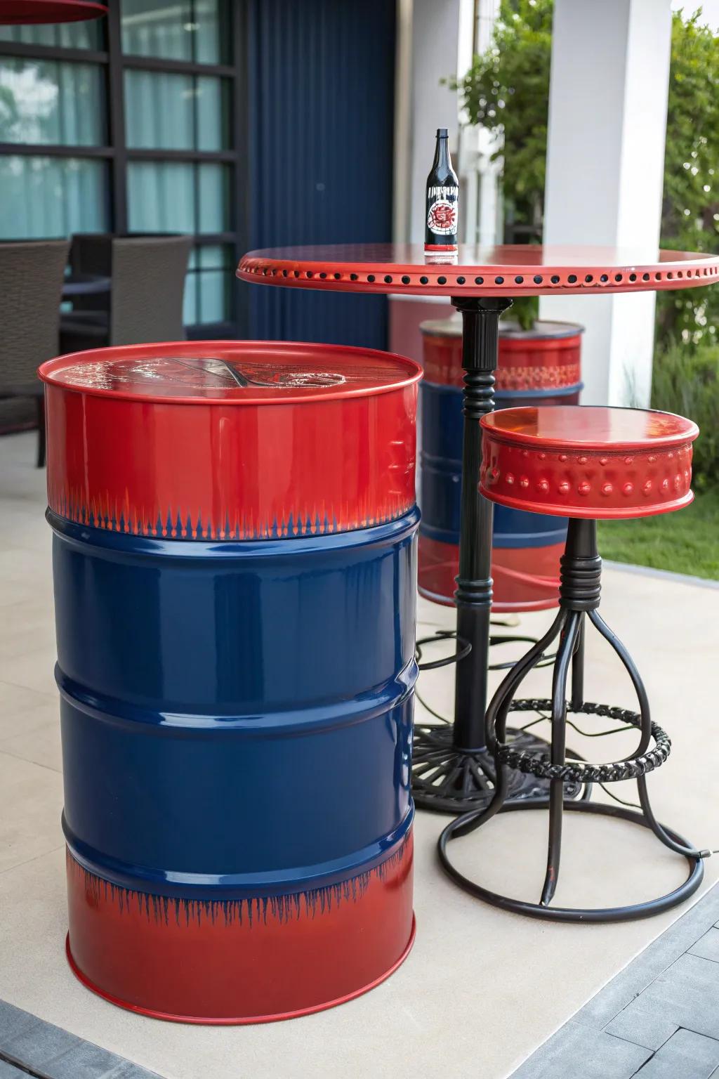 Elevate your space with this bold oil barrel bar set – where industrial meets chic craftsmanship!