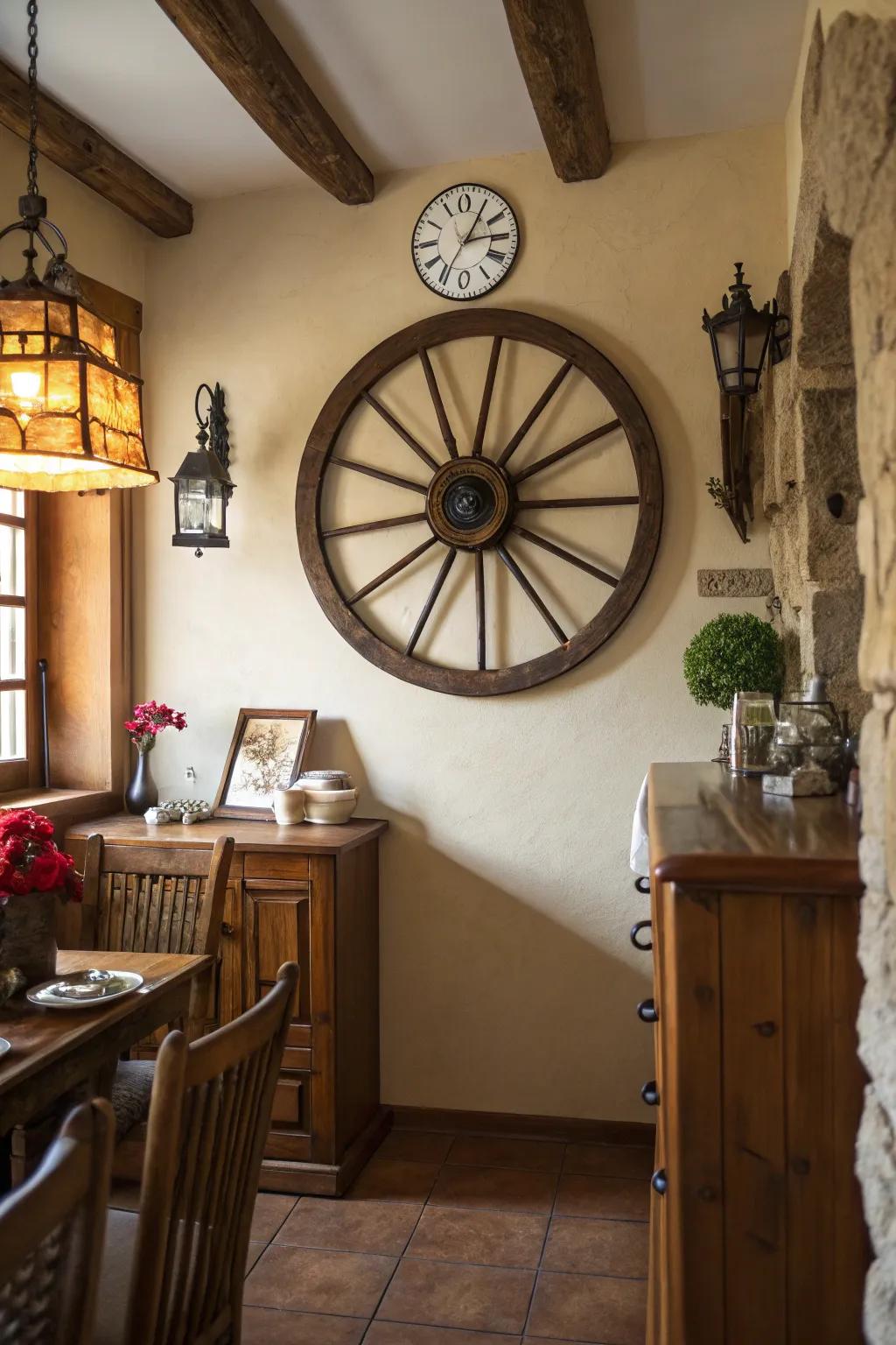 A wagon wheel clock is both functional and artistic.