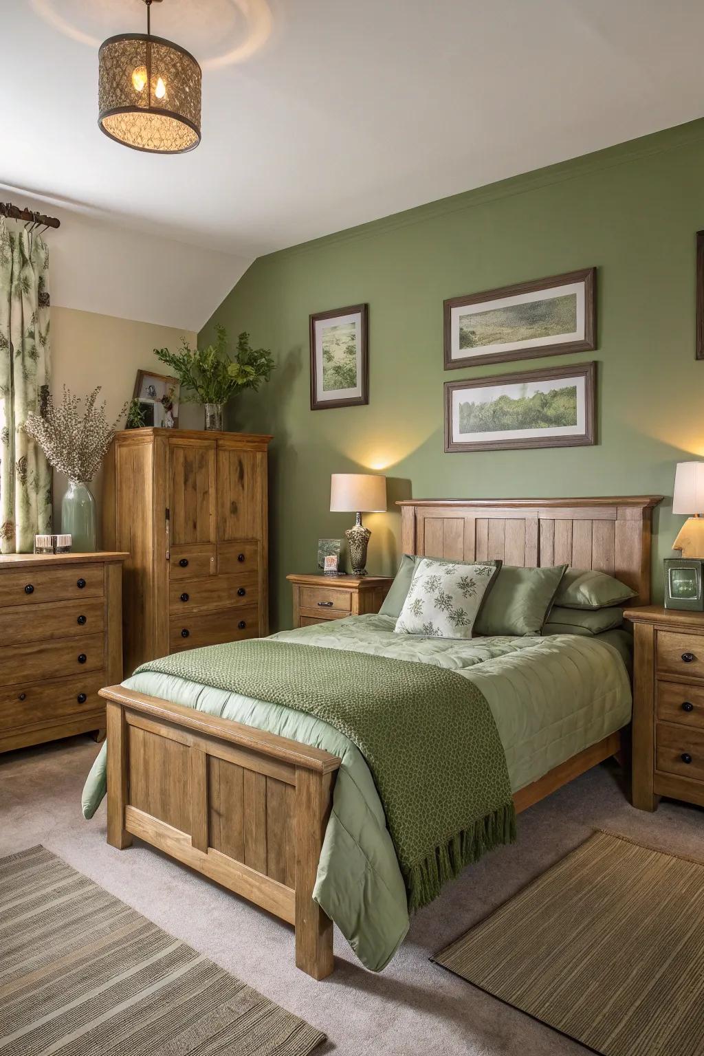 Natural wood tones beautifully complement olive green for a serene atmosphere.