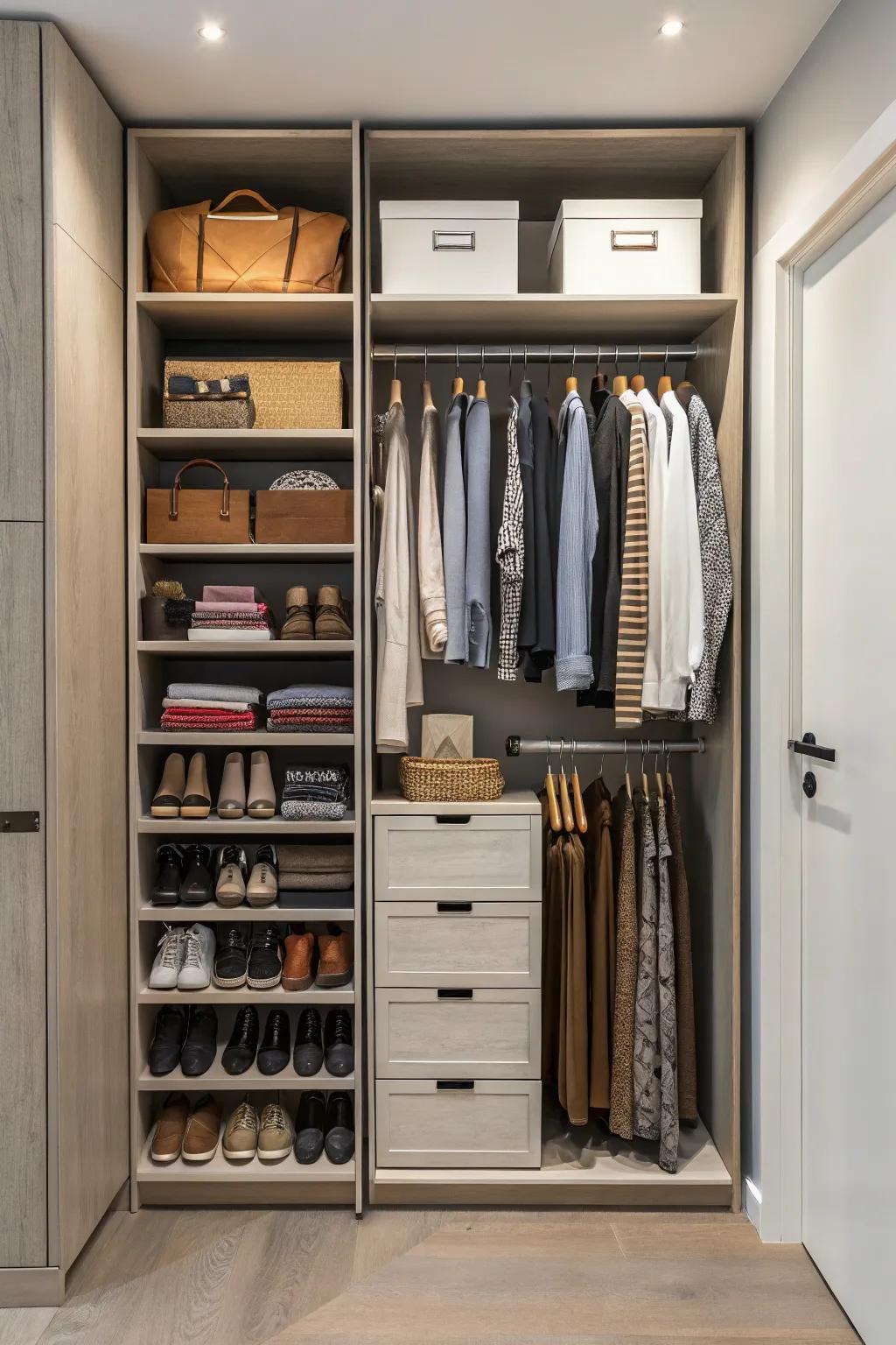 A multi-tiered open closet maximizing space and organization.