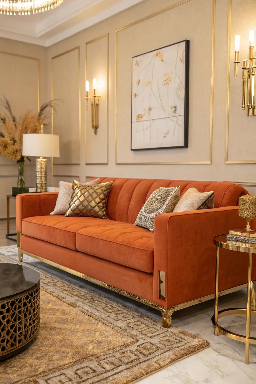 An elegant living room where metallic accents enhance the sophistication of an orange couch.