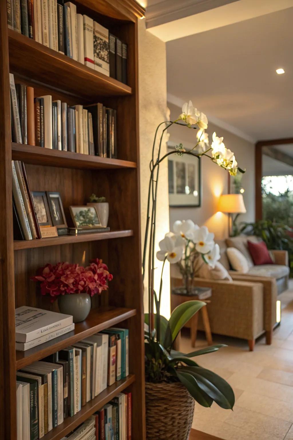 A cozy study where books and orchids coexist on repurposed shelves.